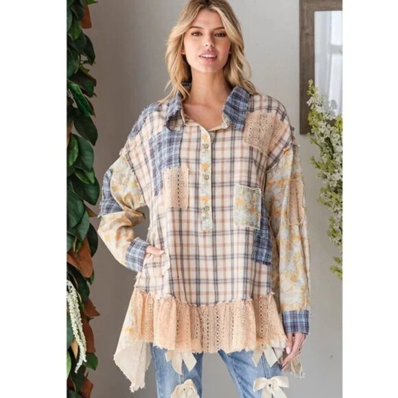 Oli & Hali Ruffled Lace Button Up Plaid Shirt with Pockets - NWT - Blue - XL - Picture 3 of 5